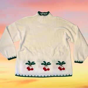 Vintage 70s hand knit cherries turtleneck sweater